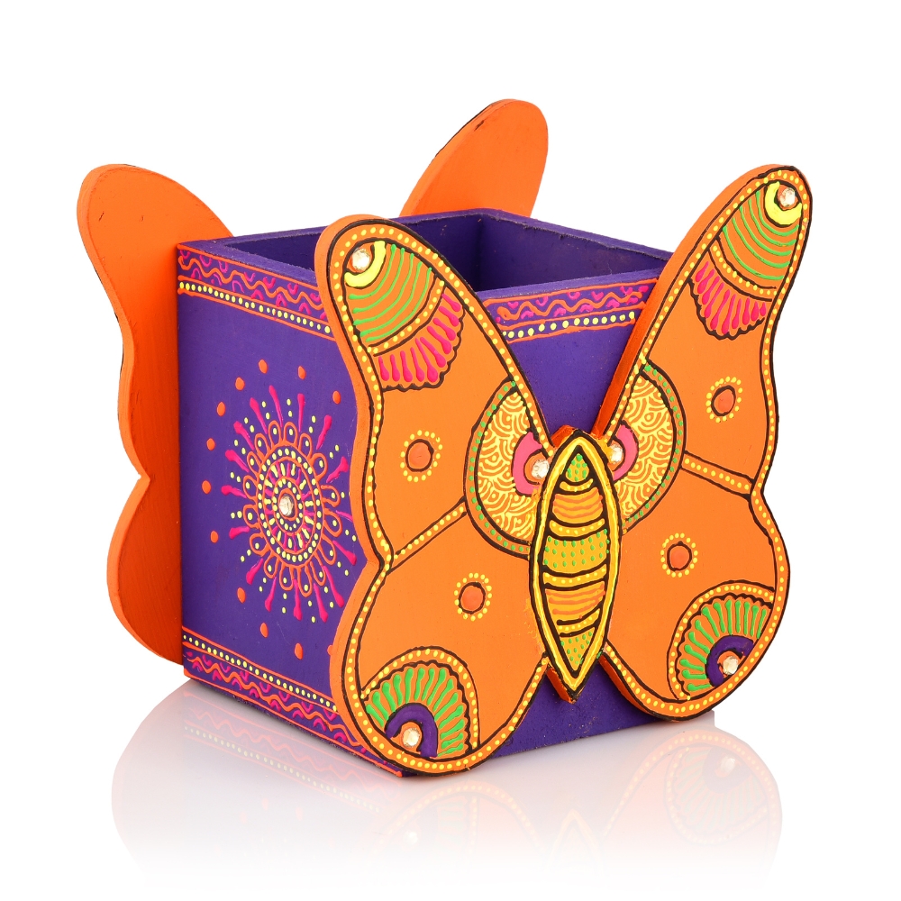 Handcrafted Wooden Butterfly Motif Pen Stand